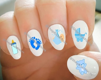 Baby Boy Nail Decals: Feet, Bottle, Teddy Bear - Water Transfer Nail Art