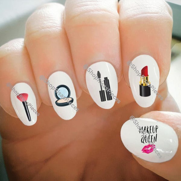Decalcomanie per unghie: rossetto, pennello, mascara - Nail art con trasferimento ad acqua