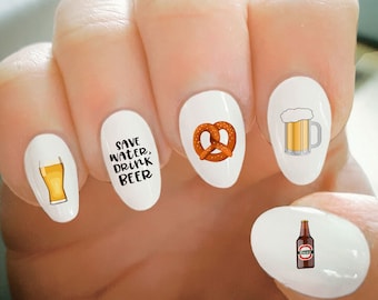 Nail Decals, Beer Themed Nail Decals, Oktoberfest Nails, Water Transfer Nail Decals, Nail Tattoo, Fashionable Nail Art, Custom Nail Decals