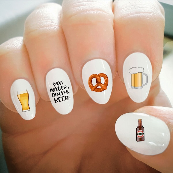 Nail Decals, Beer Themed Nail Decals, Oktoberfest Nails, Water Transfer Nail Decals, Nail Tattoo, Fashionable Nail Art, Custom Nail Decals