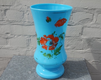 Vintage 1930 cyan blue opal glass vase with orange flowers