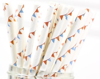 Red and Blue Flag Paper Straws, Circus Birthday Party Decorations