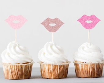 Hot Pink Lips Cupcake Toppers Dessert Bar Decorations Bachelorette Party Set of 24