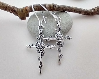 Floral Cross Earrings, Silver Cross Earrings