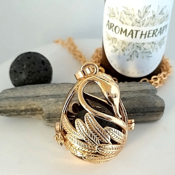 Gold Swan Locket, Aromatherapy Necklace, Aromatherapy Locket, Swan Gift, Diffuser Locket