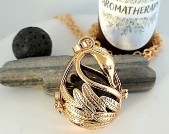 Gold Swan Locket, Aromatherapy Necklace, Aromatherapy Locket, Swan Gift, Diffuser Locket