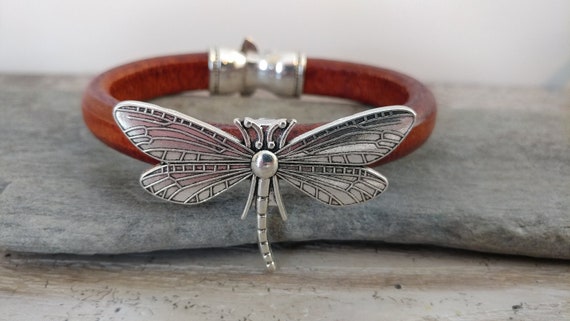 Leather Dragonfly Statement Bracelet, Handmade, LB-21- Please call for wholesale pricing