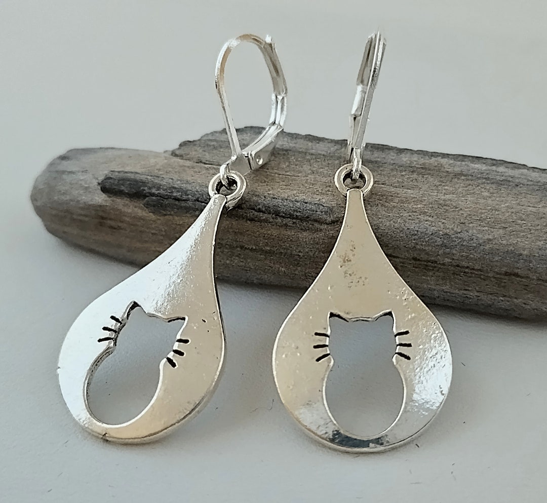 Silver Cat Earrings, Cute Cat Earrings, Animal Earrings Etsy