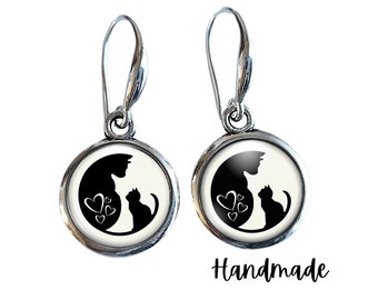 Handmade Cat Earrings, Silver Cat Earrings, Cat Gift, Mother's Day Gift, Mother Daughter