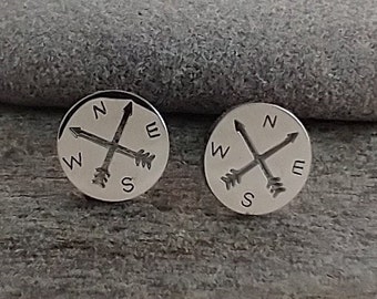 Engraved Compass Studs, Compass Earrings, Silver Compass Studs