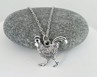 Quirky Chicken Necklace, Silver Necklace, Rooster Necklace