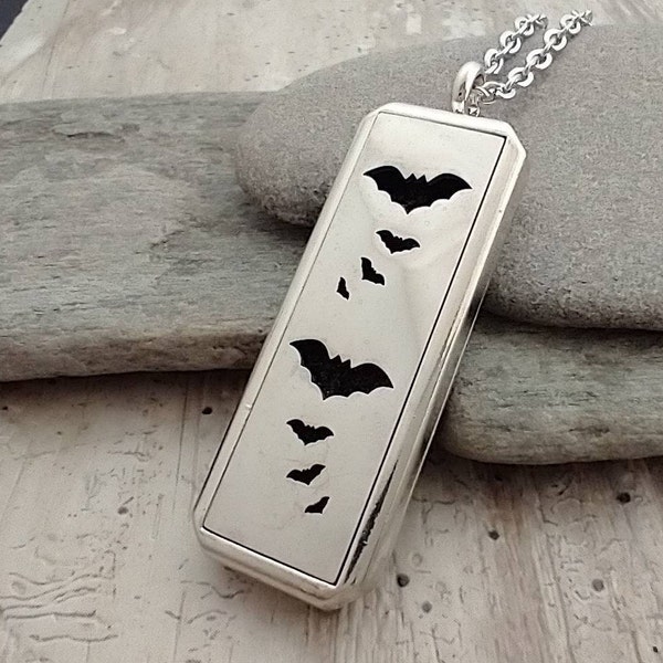 Soaring Bat Necklace, Aromatherapy Locket, Halloween Necklace