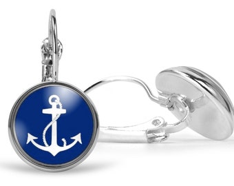 Blue Anchor Earrings, Silver Nautical Earrings, Coastal Earrings