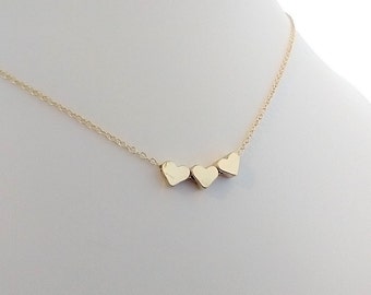 Tiny Triple Heart Necklace, Valentines Gift For Her, Available in Silver or Gold