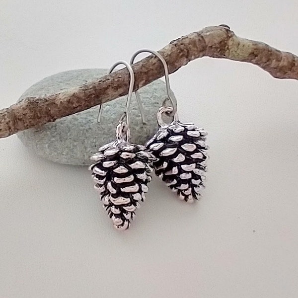 Silver Pine Cone Earrings, Nature Earrings