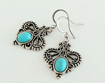 Petite Turquoise Boho Earrings, Silver Boho Earrings, Filigree Earrings