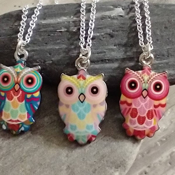 Adorable Owl Necklace, Colorful Owl Necklace, Gift for Girl