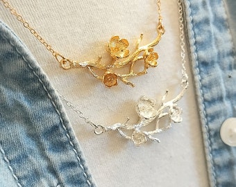 Floral Twig Necklace, Silver or Gold, Branch Necklace, Flower Necklace