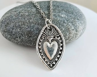 Sacred Heart Necklace, Silver Heart Necklace, Religious Necklace