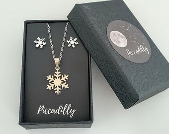 Snowflake Jewelry Set, Gold Snowflake Necklace Set, Silver Snowflake Jewelry Set