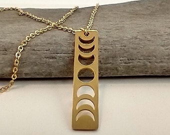 Gold Moon Phase Necklace, Gold Bar Necklace