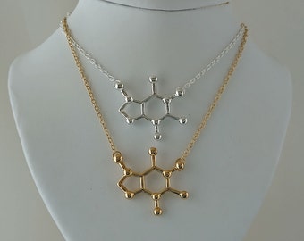 Caffeine Molecule Necklace, Available in Silver & Gold, Coffee Gift, Coffee Necklace