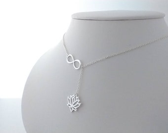 Silver Round Stamp Lotus LexAnd7th Purity Chakra Lariat Necklace