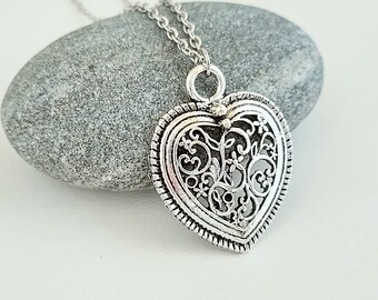 Silver Heart Necklace, Filigree Heart Necklace, Heart Jewelry