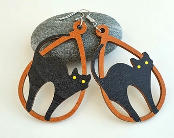 Black Cat Statement Earrings, Wood Earrings