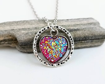 Valentines Necklace, Druzy Heart Necklace, Silver Heart Necklace,