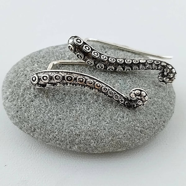 Silver Octopus Earrings, Octopus Tentacle Climbers, Unisex Octopus Earrings