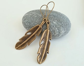 Bronze Feather Earrings, Boho Earrings, Nature Earrings