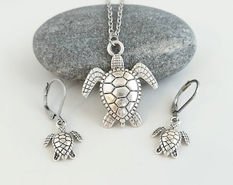 Turtle Necklace & Earring Set, Silver Turtle Necklace, Turtle Earrings, Turtle Gift