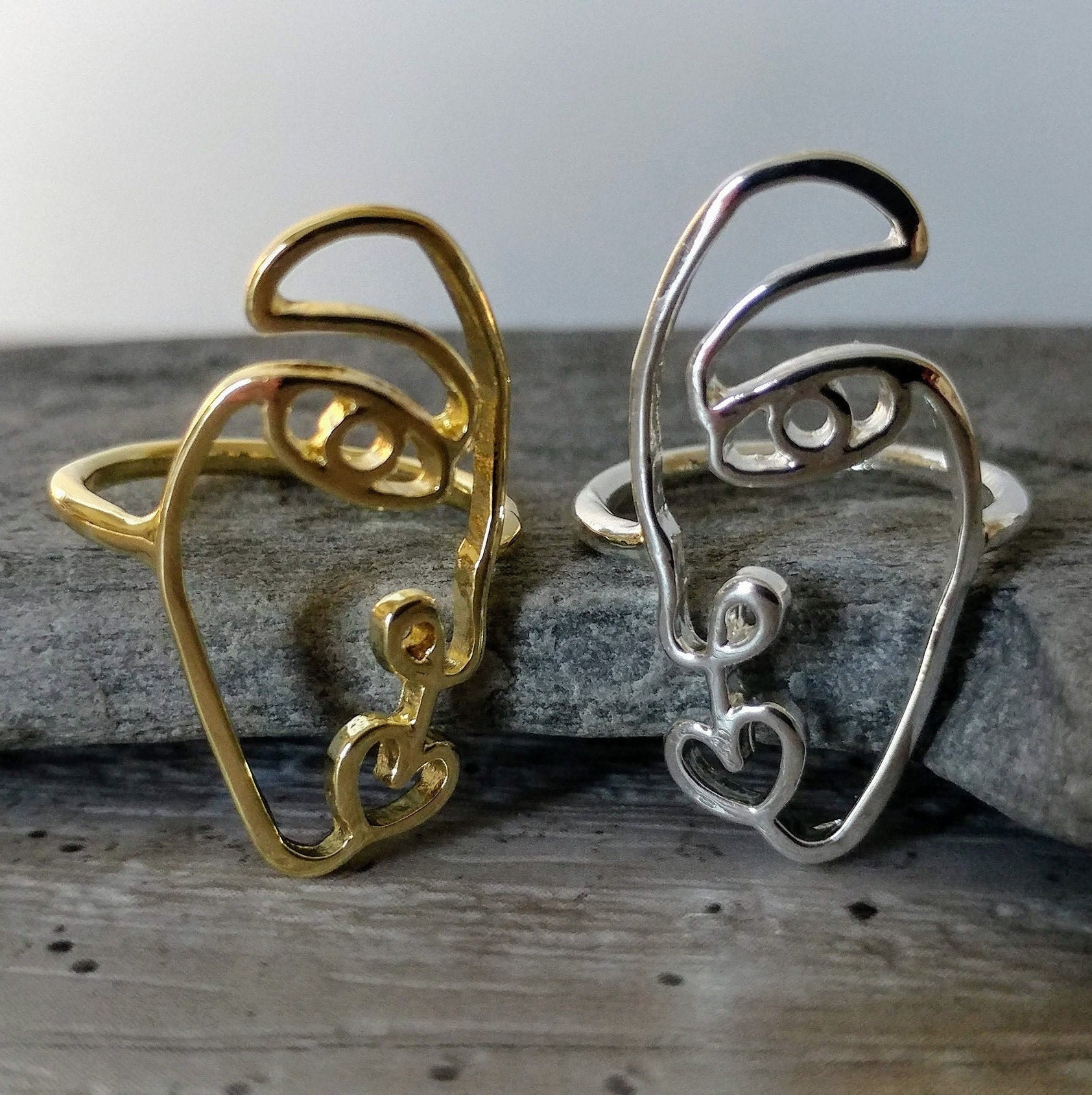 Abstract Picasso Face Ring, Silver Face Ring, Gold Face Ring, Abstrac…