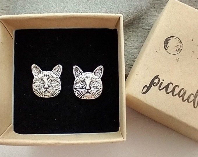 Quirky Cat Earrings,  Silver Cat Studs, Cat Gift