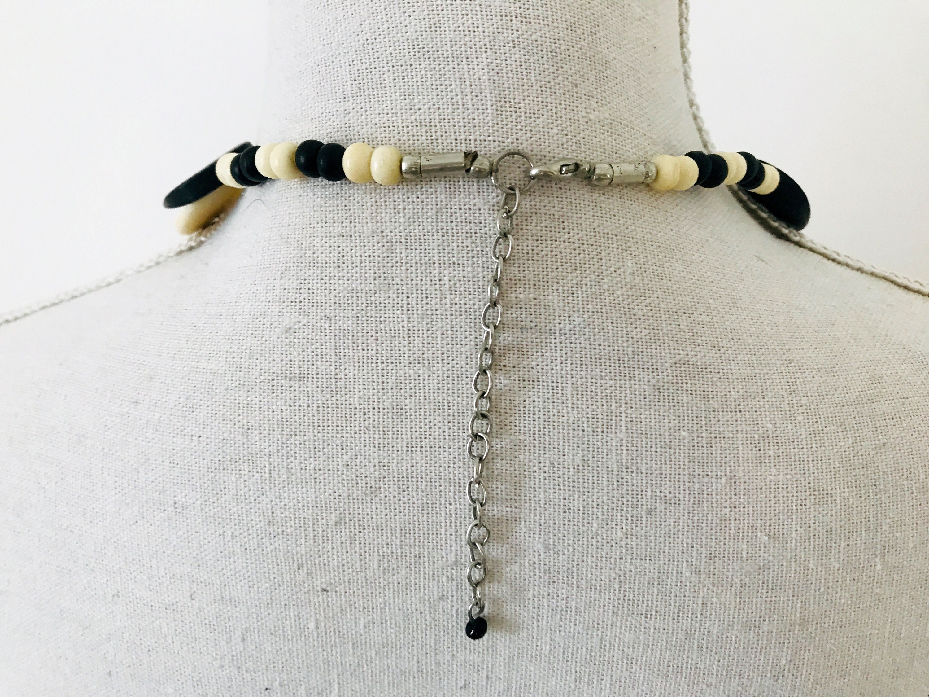 Monochrome Vintage 60s Necklace 60s Black and White Necklace Carved Bone Disc Necklace