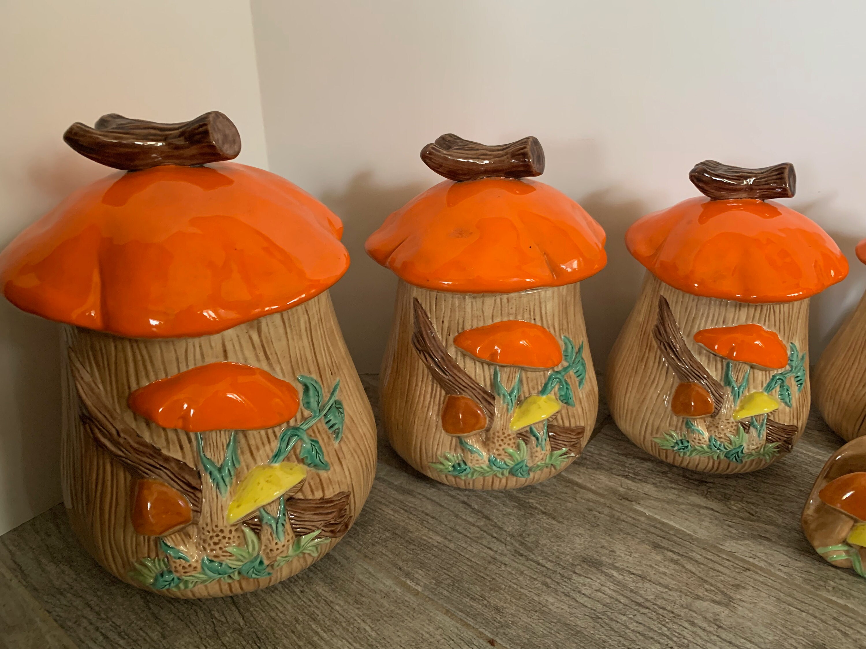 1960s Atlantic Molds Mushroom Kitchen Canister Set & Napkin Holder