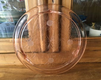 1930s Jeannette Glass Sunflower Pink Pattern Footed (3-toed) Flat 10" Cake Plate