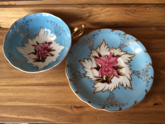 1960s Royal Sealy China Japan Blue Pink Floral Motif Fine