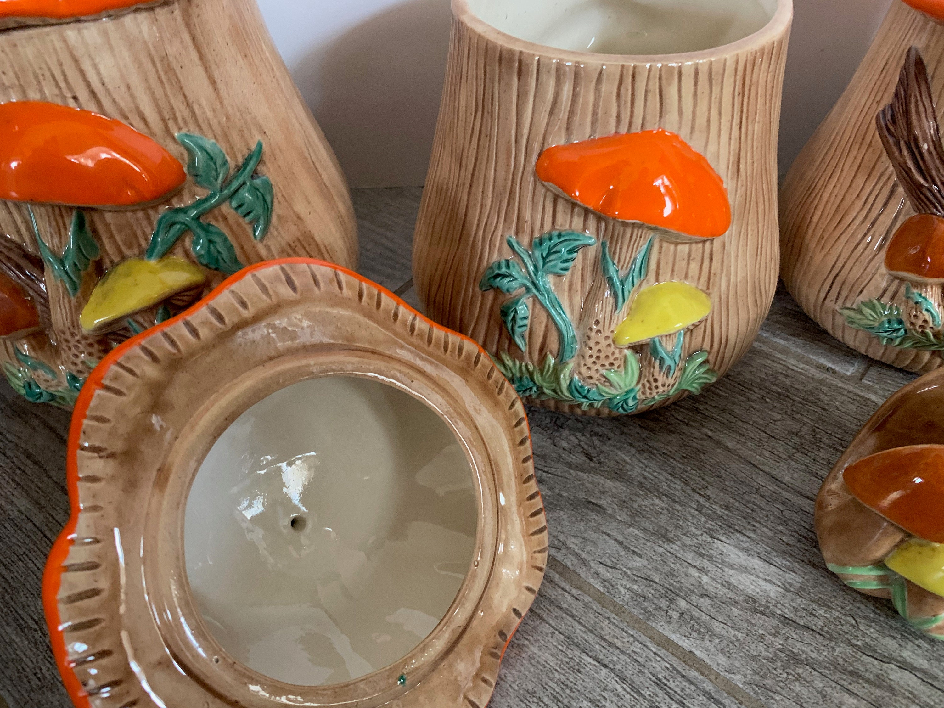 1960s Atlantic Molds Mushroom Kitchen Canister Set & Napkin Holder