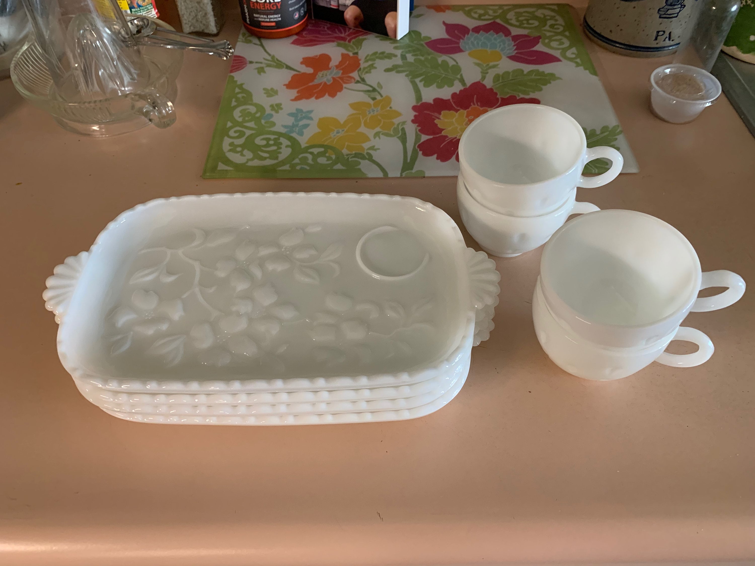 1930s Hazel Atlas Dogwood Milk Glass Snack Sets, Plates, Cups (set