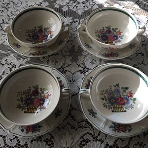1980s Wedgwood Floral Basket Cream Soup Bowl Sets - Double Handled Soup Bowls and Saucers or Underplates (set of 4)