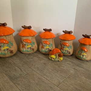 1960s Atlantic Molds Mushroom Kitchen Canister Set & Napkin Holder (6 pieces)