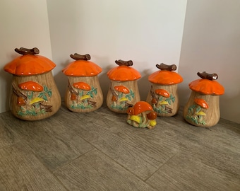 1960s Atlantic Molds Mushroom Kitchen Canister Set & Napkin Holder