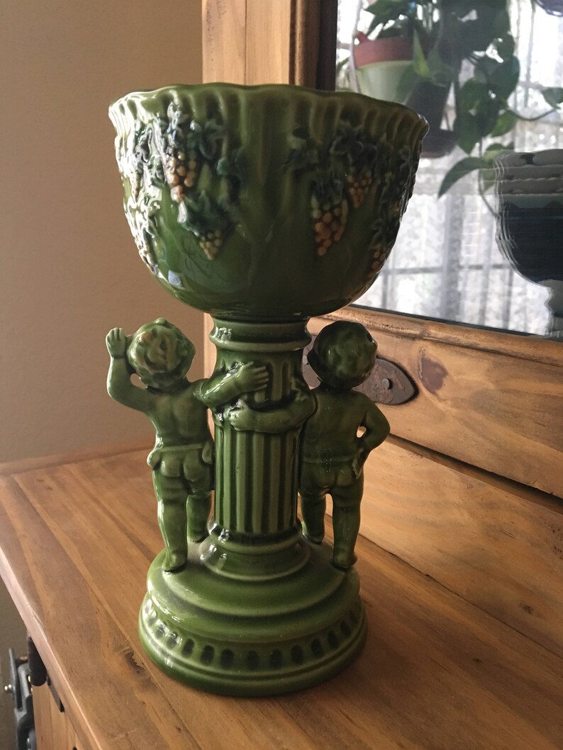 1950s Lefton China #5314 Green Cherub /& Grapes Pedestal Candy Bowl
