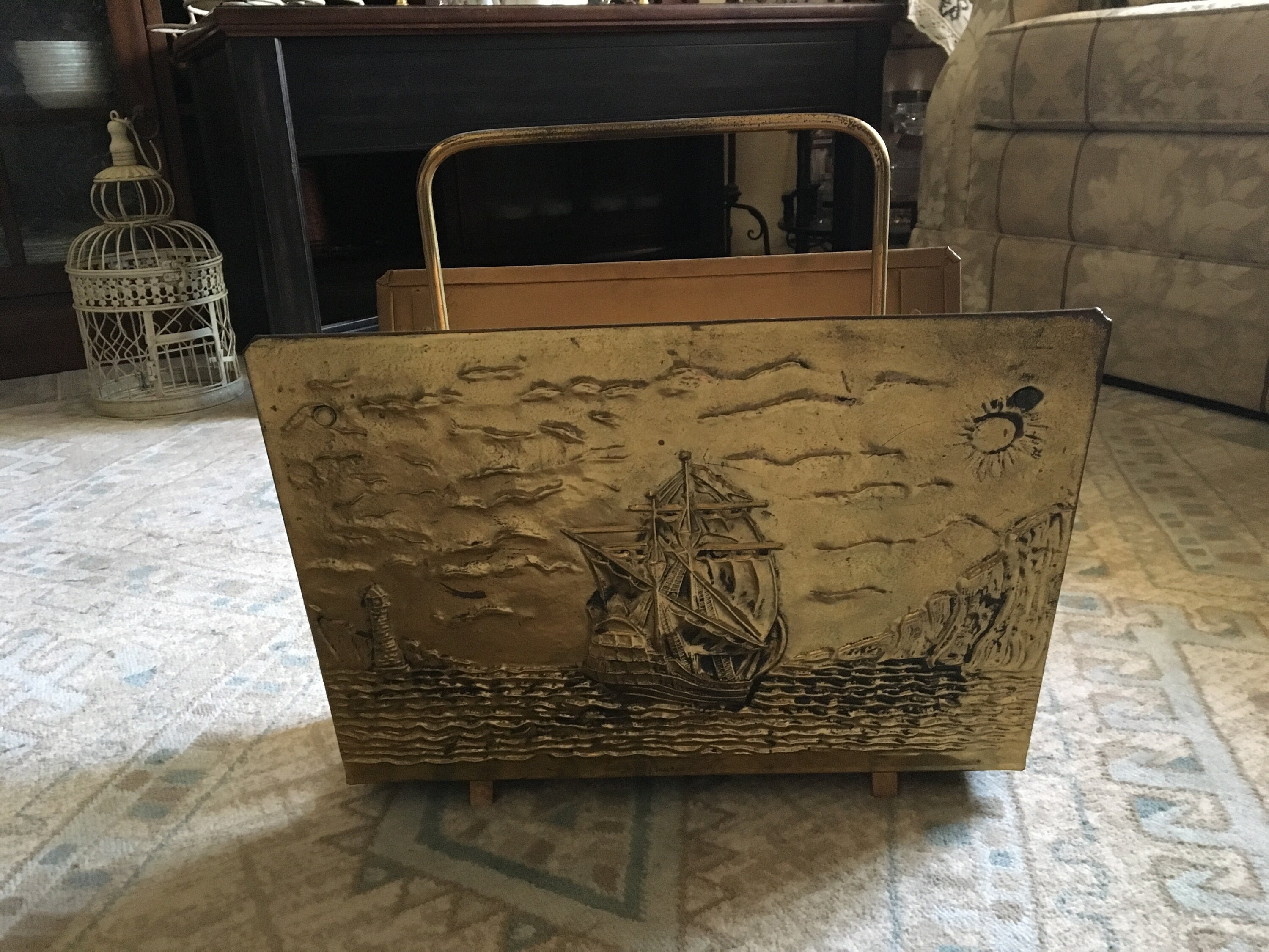 1950s Vintage English Brass Embossed Sailing Boat Detail Magazine Rack ...