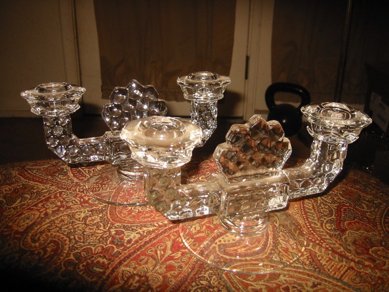 pair 1940s Fostoria American #2056 Crystal Double Flat Foot Candlestick