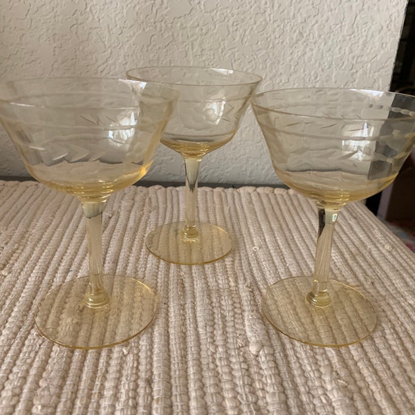 BAR GLASSES - 1930s Depression Glass Topaz Yellow Gray Floral Etched Champagne Glasses or Tall Sherbets (set of 3; imperfects)