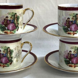 1940s Yau Shing (YS) of China Laurel Shield Fine Porcelain Victorian Courting Couple Purple Floral Demitasse Cup & Saucer Sets (set of 4)
