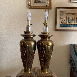 1950s Falkenstein Brass Cattails 30” Table Lamps (pair; with harps; no shades)
